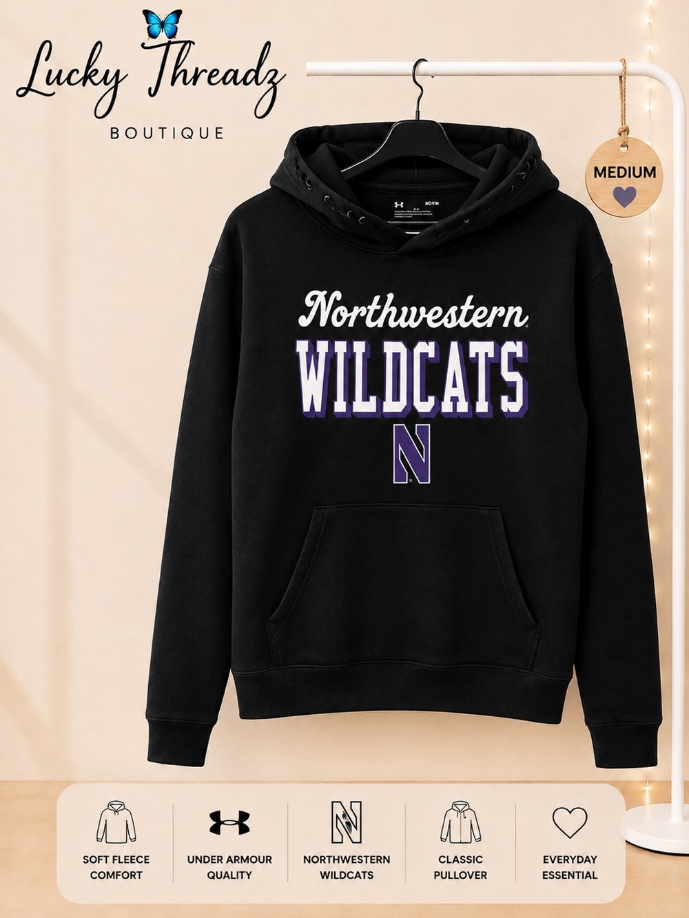Under Armour Northwestern Wildcats NCAA College Hoodie Sweatshirt Mens Medium M⁠